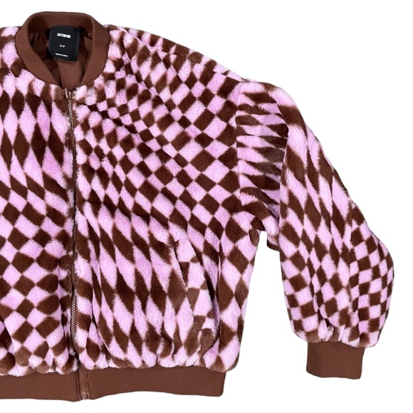 COTTON ON Pink Brown Pattern Faux Fur Bomber Jacket Small - Picture 3 of 12